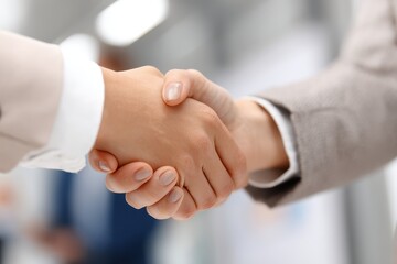 Business Professionals Engaging in a Firm Handshake in Modern Office Setting