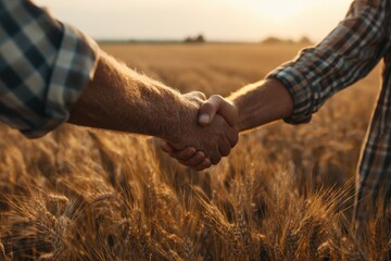 Close-up Handshake in Wheat Field at Sunset Showing Agreement and Partnership