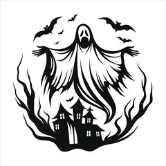 ghost flying over a haunted village  detailed