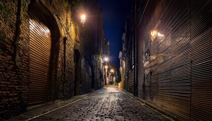 a dimly lit and eerie urban city alleyway under the cover of night