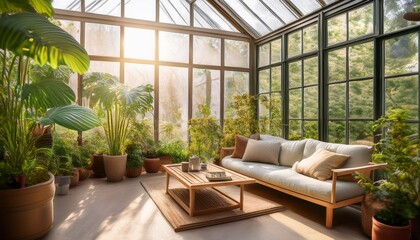 Fototapeta premium a cozy living space with a couch and a coffee table in a large glass greenhouse filled with plants and sunshine streaming in