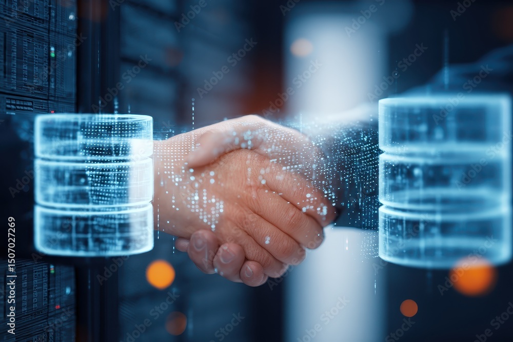 Aufkleber digital handshake representing partnership in data technology and innovation