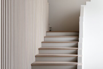 Fototapeta premium Elegant Minimalist Staircase with Wooden Steps and Vertical Wall Panels