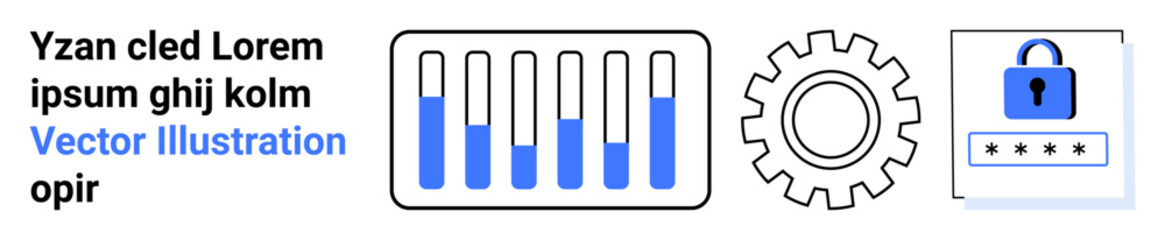 Bar chart highlighting values, gear symbol for settings, lock with password field for security. Ideal for data analytics, technology, cybersecurity, applications, user interfaces, innovation simple