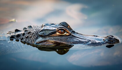 Fototapeta premium the alligator floating in the water balanced symmetry expressive facial features contrast focused photos