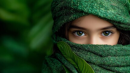 Close-up of a child, wrapped in a green cloth, captivating eyes against a blurred green background