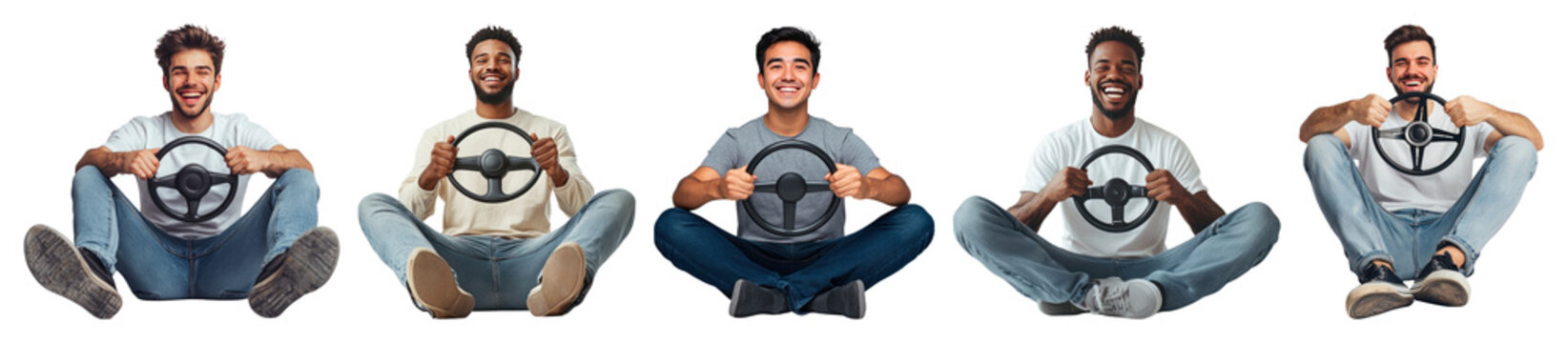 PNG Men pretending to drive cars, element set on transparent background