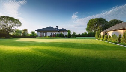 a large green lawn with a house in the background the grass is well maintained and the view of the house is beautiful