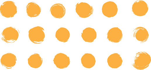 Collection of yellow rough brush strokes. Artistic chinese or japanese calligraphy blots. Hand drawn texture grunge circles, round rough shapes. Vector seal and ink stamps. Yellow symbols of sun.