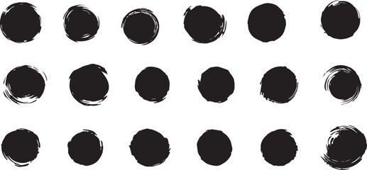Fototapeta premium Collection of yellow rough brush strokes. Artistic chinese or japanese calligraphy blots. Hand drawn texture grunge circles, round rough shapes. Vector seal and ink stamps. Yellow symbols of sun.