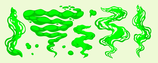 fluorescent green toxic smoke set with wavy gas clouds and vapor trails on light background. Toxic smoke and gas cloud illustration. Ideal for comics, warning signs, cartoons, spooky themed designs