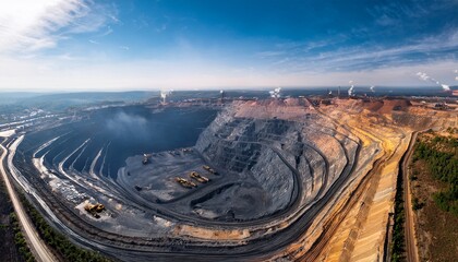 aerial drone view of a coal open pit mine