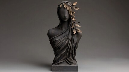 Dark, draped female bust, adorned with golden leaves.  Intricate sculpted fabric folds