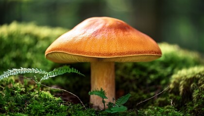 Fototapeta premium vibrant orange mushroom with intricate texture growing in lush green forest surroundings