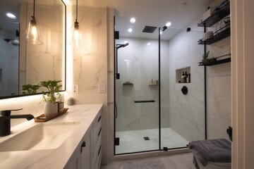 Modern Bathroom with Elegant Shower and Stylish Lighting Fixtures