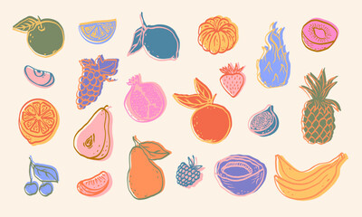 Hand drawn colorful fruits and berries sketch vector illustration. Dragon fruit, lemon, banana, pineapple, coconut, citrus, banana, fig, apple, grape, pomegranate, fig, strawberry. Minimal art.