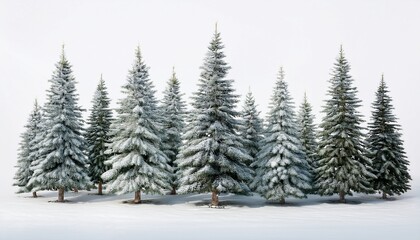 snowy fir trees realistically rendered in 3d standing against white background