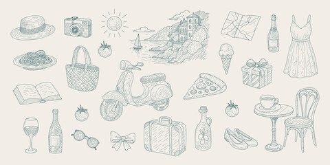 A collection of various items such as a bottle, a book, a chair, a pizza, a scooter, a vase, a bowl, a cup, a bottle, a book, a chair, a pizza, a vase