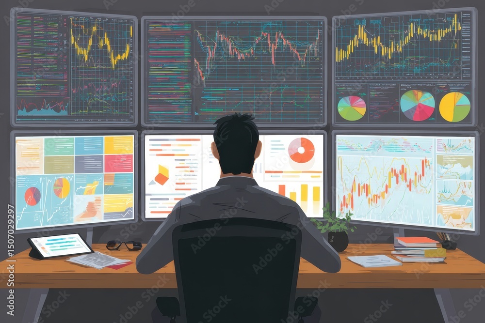 Poster person analyzing data on multiple screens in modern office environment