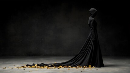 Dark, flowing gown, golden leaves