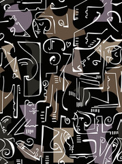 Abstract drawing of women's faces with white lines on a colored background.Seamless pattern.	
