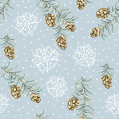 Christmas seamless pattern, fir twigs with cones, snowflakes, snow, gray background. Vector illustration. Nature design. Season greeting. Winter holidays