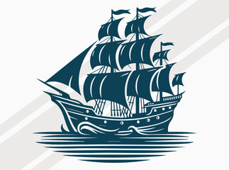 Naklejka premium Ancient Ship Silhouette in Black, Nautical Vector Art of Vintage Sailing Ship