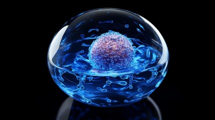 Naklejka premium conceptual 3d digital illustration of hydrogel-based cancer therapy, a semi-transparent sphere containing a cancerous cell, vibrant blue hydrogel structure, highly detailed cellular filaments,