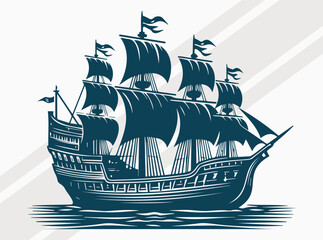 Naklejka premium Ancient Ship Silhouette in Black, Nautical Vector Art of Vintage Sailing Ship