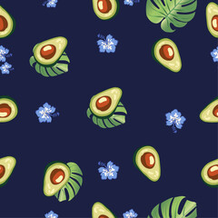 Dark blue seamless pattern with avocado halves, tropical leaves and blue flowers. Colorful botanical background.