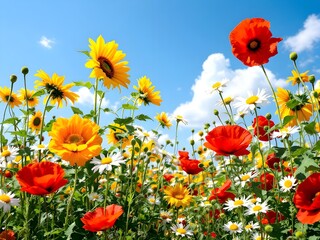 Obraz premium Poppy and sunflower field with blue sky