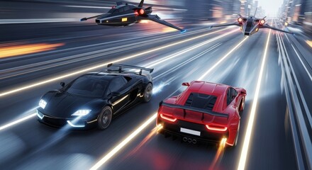 Fototapeta premium Race Cars and Spaceships Speeding on Highway