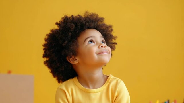 Joyful child with curly hair gazes upward, surrounded by vibrant yellow backdrop and boxes
