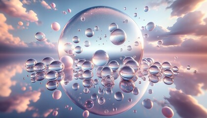 Floating glass spheres create a surreal, tranquil atmosphere by reflecting the dreamy sky.
