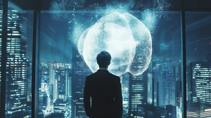 Business professional gazes at futuristic cityscape with digital brain - Powered by Adobe