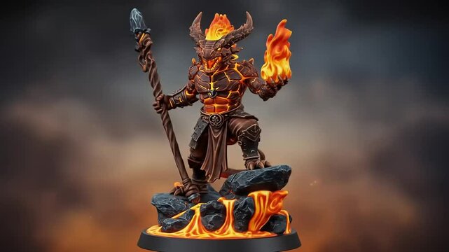 A detailed fantasy dragon figurine stands on a rocky base, surrounded by flames and smoke effects