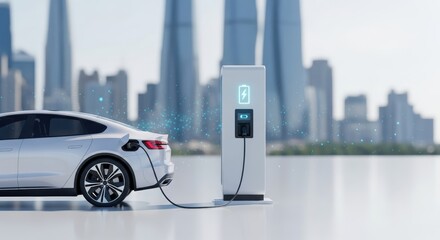 Electric Car Charging at Station in City