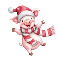 Fototapeta premium Happy Piglet in Santa Hat and Scarf Joyfully Jumping Watercolor Illustration