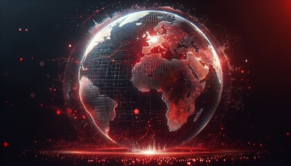 This is a digital representation of Earth adorned with glowing red and white lights that symbolize global connectivity and technology.
