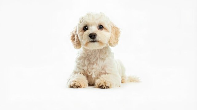  Adorable Bichon Poodle Puppy on White Background. A cute Bichon Poodle puppy (Bichpoo or Poochon) lies down on a clean white background, looking directly at the camera with its expressive eyes. 