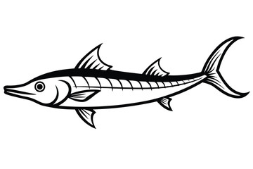 Stylized Black and White Barracuda Illustration with Distinct Fins and Streamlined Body