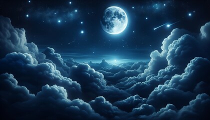 The night sky is serene, filled with stars and a glowing moon above a sea of clouds.
