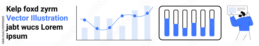 Poster graph line chart with data points, vertical bar chart, presenter explaining statistics. ideal for an