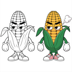 Food Corn character cartoon mascot suitable for diet food health and business, black outline silhouette