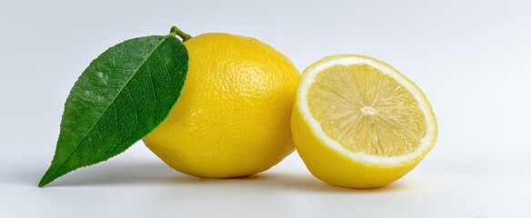 The vibrant lemon with a fresh green leaf and a sliced cross-section.