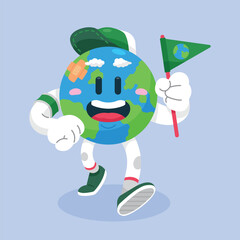 Happy Earth Mascot Holding Flag Celebrating Earth Day