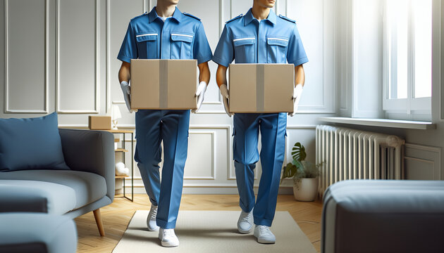 Professional movers are efficiently handling furniture and boxes in a modern home.
