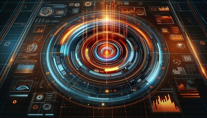 A futuristic digital interface featuring glowing concentric circles and data visualizations that represent advanced technology and innovation.
