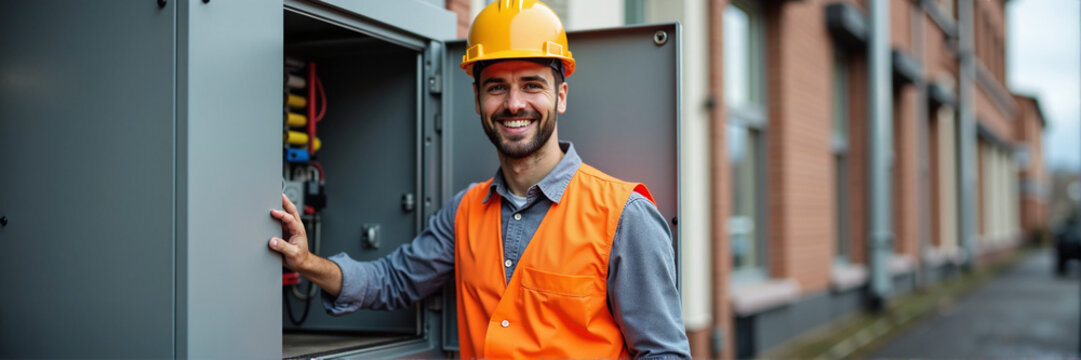 Happy electrician near electrical panel. Professional worker in safety helmet and orange vest smiling. Electrical service concept image for business.