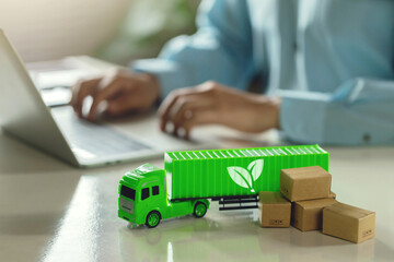 Green logistics or Sustainable global transport. Sustainable logistics.Green container trucks and...